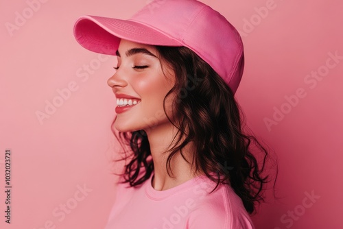 Smiling woman in pink baseball cap on matching pink background