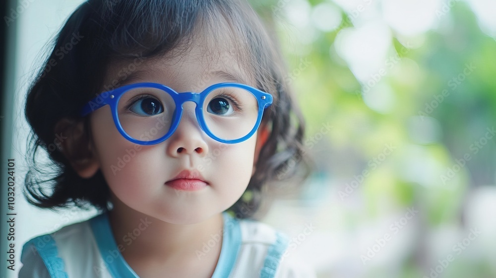 Young child wearing blue glasses focusing on distant tree outside window, symbolizing myopia prevention and importance of outdoor activities. Young child wearing blue glasses focusing on distant tree outside window, symbolizing myopia prevention and importance of outdoor activities.