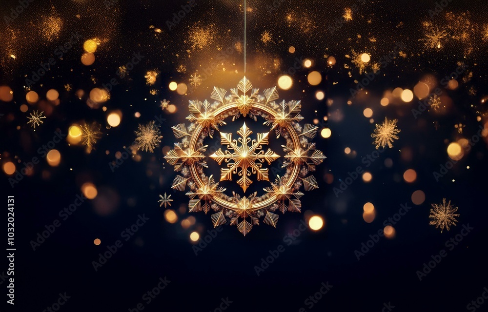A single golden snowflake ornament hangs from the ceiling against a dark blue background scattered with sparkling golden lights. A single golden snowflake ornament hangs from the ceiling against a dark blue background scattered with sparkling golden lights.