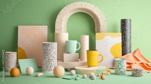 Abstract Geometric Still Life with Colorful Ceramics and Green Background mock up
