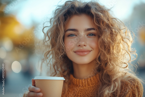 Joyful woman with bouncy curls holding coffee cup basking in golden sunlight photo