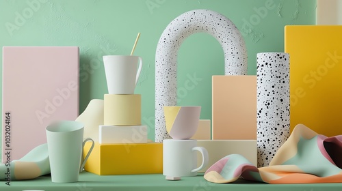 Abstract Minimalist Still Life with Colorful Geometric Shapes and Ceramic Mugs mock up