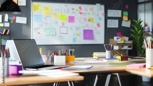 Creative Workspace with Laptop Whiteboard and Colorful Supplies