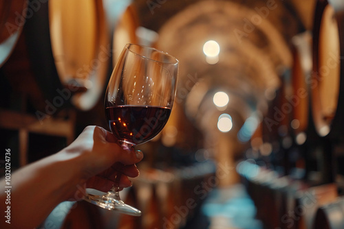 Generative AI: Hand holding wine glass in atmospheric distillery photo