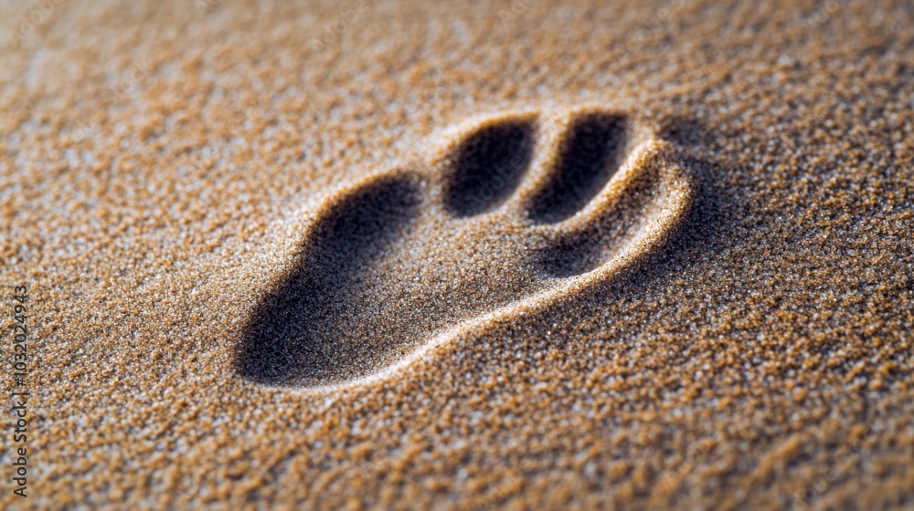 Detailed footprint in sand on sunny beach, representing relaxation or nature's impact Detailed footprint in sand on sunny beach, representing relaxation or nature's impact
