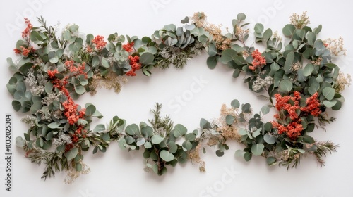 Elegant eucalyptus and red berry holiday wreath on neutral background