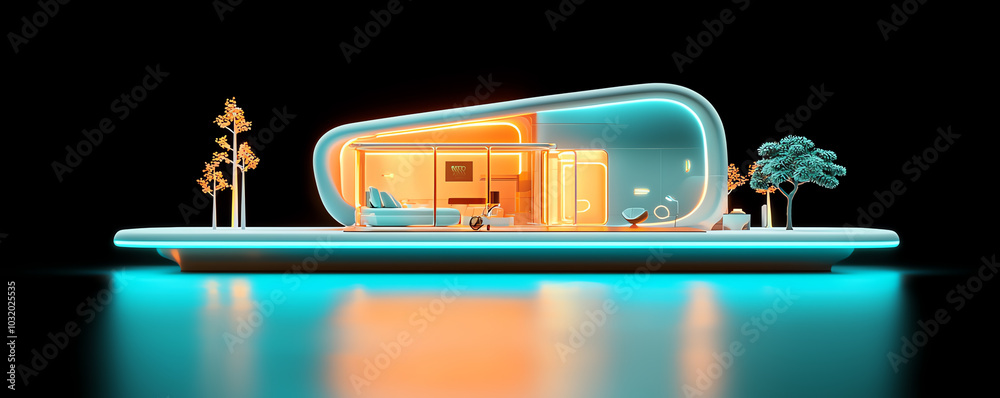 Obraz premium Minimalist futuristic house, smallscale sleek architecture with futuristic features, 3D illustration