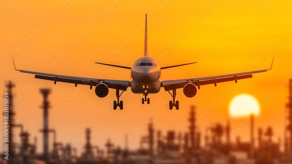 An airplane approaches for landing against a vibrant sunset backdrop, with silhouettes of industrial structures in the foreground. An airplane approaches for landing against a vibrant sunset backdrop, with silhouettes of industrial structures in the foreground.