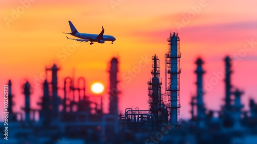 A commercial airplane descends toward an industrial landscape, silhouetted against a colorful sunset with refinery structures in the foreground.