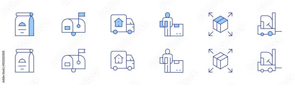Delivery icon set in two styles, Duotone and Thin Line style. Editable stroke. package, distribution, forklift, food package, mailbox, moving truck Delivery icon set in two styles, Duotone and Thin Line style. Editable stroke. package, distribution, forklift, food package, mailbox, moving truck