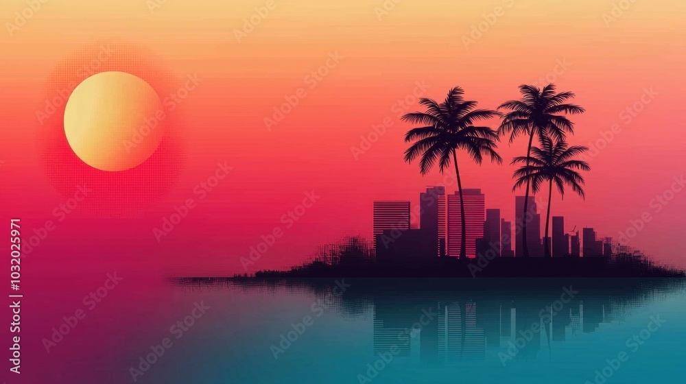 Fototapeta premium Vibrant sunset over urban landscape with palm trees reflecting on calm waters – a perfect blend of nature and city life