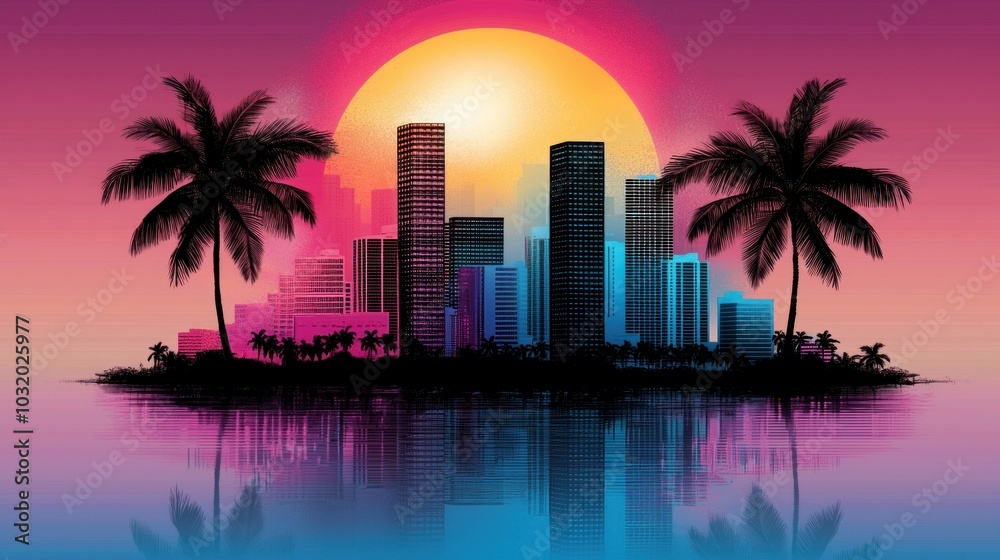 Obraz premium Vibrant sunset over a futuristic city skyline with palm trees reflecting on water capturing the essence of urban paradise and tropical serenity