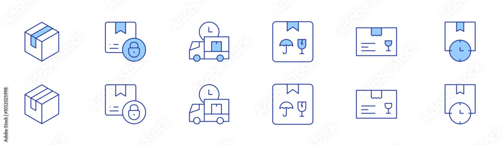 Delivery icon set in two styles, Duotone and Thin Line style. Editable stroke. product, delivery box, delivery time Delivery icon set in two styles, Duotone and Thin Line style. Editable stroke. product, delivery box, delivery time