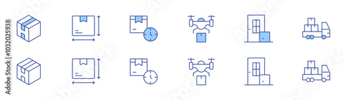 Delivery icon set in two styles, Duotone and Thin Line style. Editable stroke. drone delivery, door delivery, product, size, truck, lead time