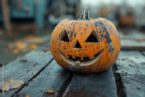 Generative AI photo of funny halloween pumpkins outdoors horror autumn night decor photo