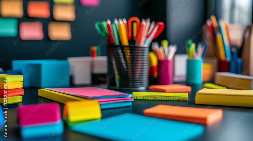 A desk full of colorful office supplies. A desk full of colorful office supplies.