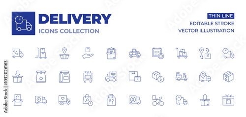 Delivery icons collection. Thin Line icons, editable stroke. delivery, product, pick list, pickup truck, planning, procurement, packing, paper bag, shipping, delivery truck, delivery bike
