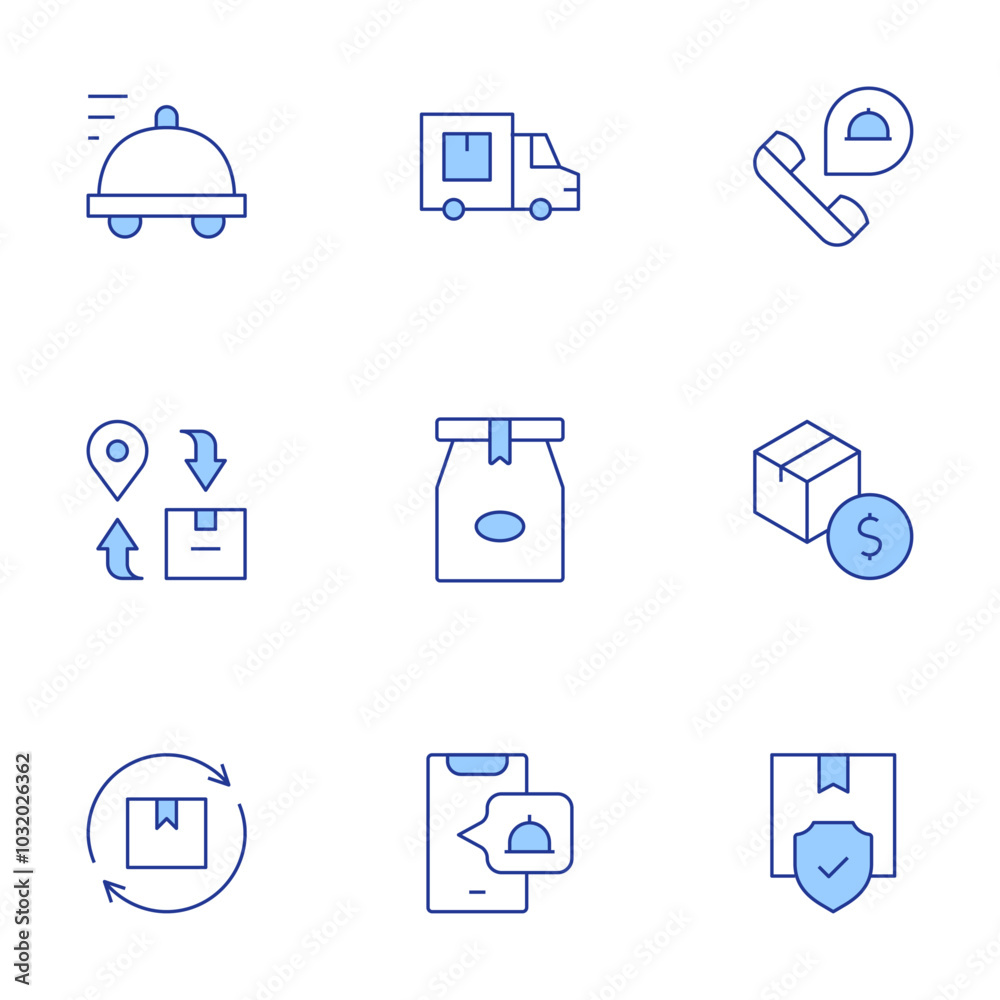 Delivery icons set. Line Duotone style, editable stroke. product, protection, order food, delivery, food delivery, renewal, shipment, paper bag Delivery icons set. Line Duotone style, editable stroke. product, protection, order food, delivery, food delivery, renewal, shipment, paper bag