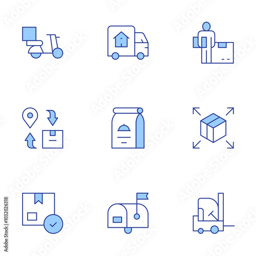 Delivery icons set. Line Duotone style, editable stroke. package, distribution, forklift, food package, mailbox, moving truck, delivery, box