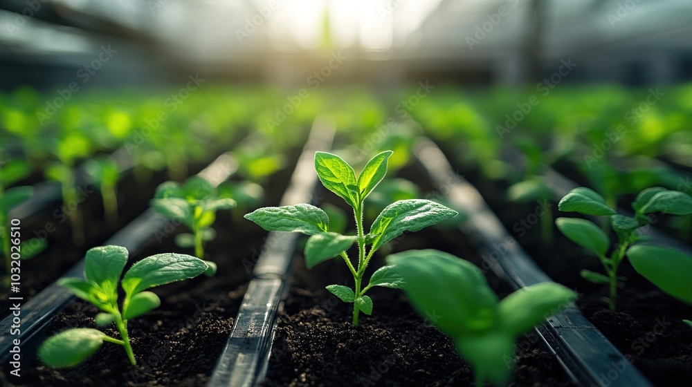 Greenhouse, agriculture and leaves with growth
