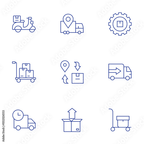 Delivery icons set. Thin Line style, editable stroke. delivery, procurement, delivery bike, delivery truck, packing, trolley, truck