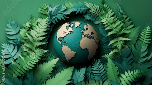 Minimalist paper cutout design of the Earth surrounded by green leaves and trees celebrating Earth Day with a focus on sustainability environmental protection and the beauty of nature