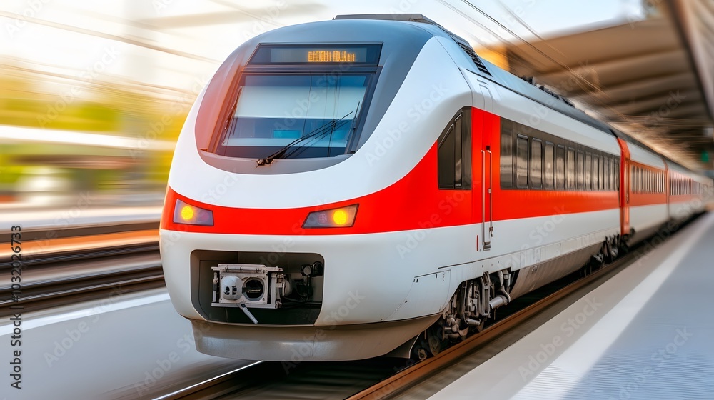 Naklejka premium A modern train in motion approaches a station, showcasing sleek design and vibrant colors against a blurred background.