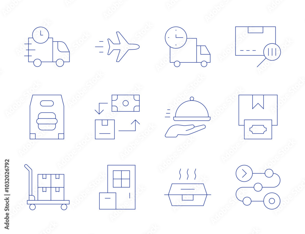 Delivery icons. Thin Line style, editable stroke. delivery truck, delivery, food delivery, loading, lunch box, airplane, barcode, cash on delivery, product Delivery icons. Thin Line style, editable stroke. delivery truck, delivery, food delivery, loading, lunch box, airplane, barcode, cash on delivery, product