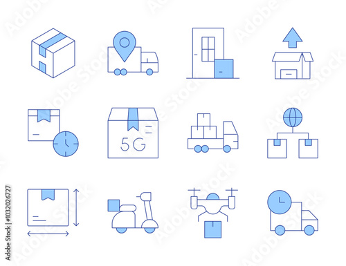 Delivery icons. Line Duotone style, editable stroke. drone delivery, door delivery, product, size, truck, lead time, delivery box, delivery truck, delivery bike