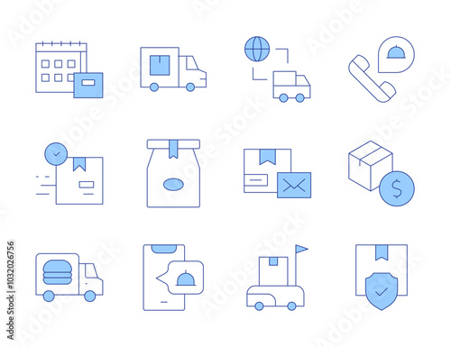 Delivery icons. Line Duotone style, editable stroke. product, protection, order food, shipment, paper bag, delivery truck, delivery box, delivery day
