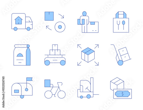 Delivery icons. Line Duotone style, editable stroke. package, distribution, forklift, food package, mailbox, moving truck, cash on delivery, delivery, delivery bike, warehouse, trolley