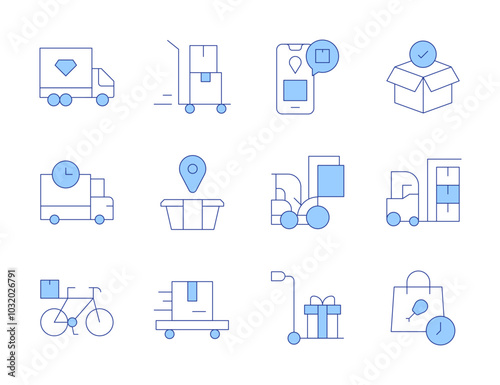 Delivery icons. Line Duotone style, editable stroke. purchase, delivery truck, delivery, bike, construction vehicle