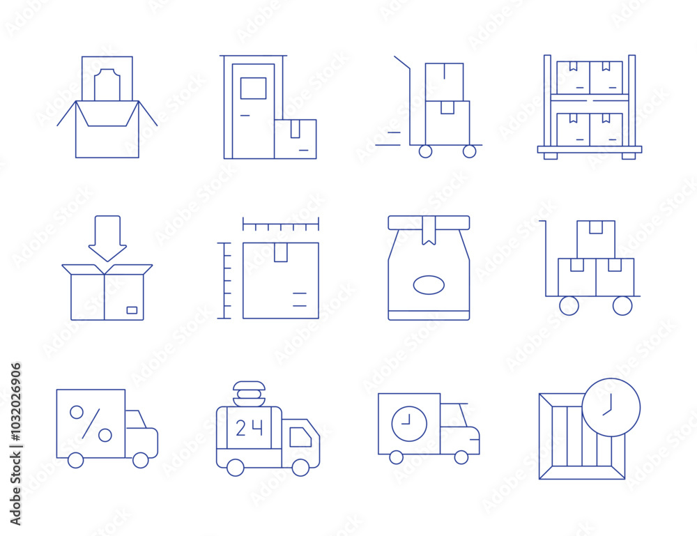 Delivery icons. Thin Line style, editable stroke. packing, paper bag, delivery box, delivery service, delivery time, delivery truck, delivery Delivery icons. Thin Line style, editable stroke. packing, paper bag, delivery box, delivery service, delivery time, delivery truck, delivery