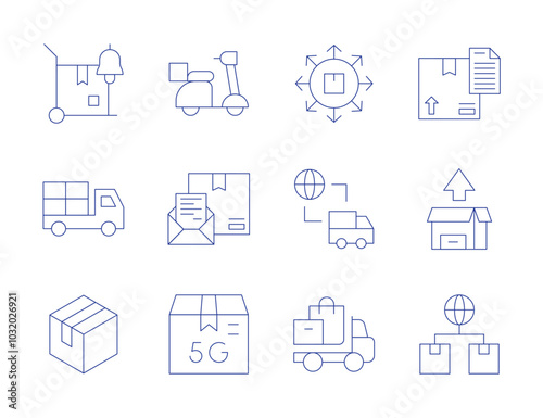 Delivery icons. Thin Line style, editable stroke. product, delivery truck, delivery, delivery bike, delivery box