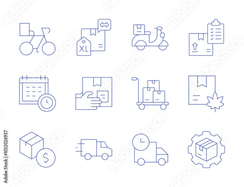 Delivery icons. Thin Line style, editable stroke. product, planning, procurement, delivery box, delivery truck, supply chain, delivery bike