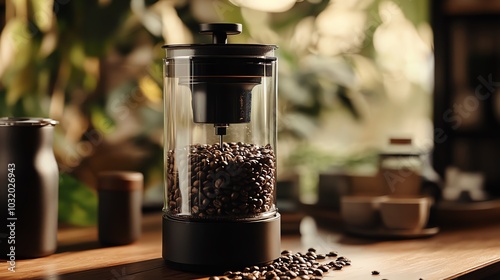 Coffee grinder with beans on wooden table, blurred background. photo