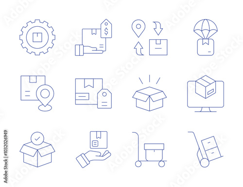 Delivery icons. Thin Line style, editable stroke. purchase, package, delivery, delivery box, product, trolley