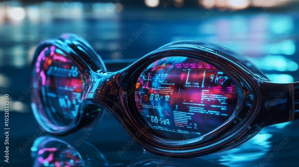 Swimmers goggles show futuristic race data analytics on water background Swimmers goggles show futuristic race data analytics on water background