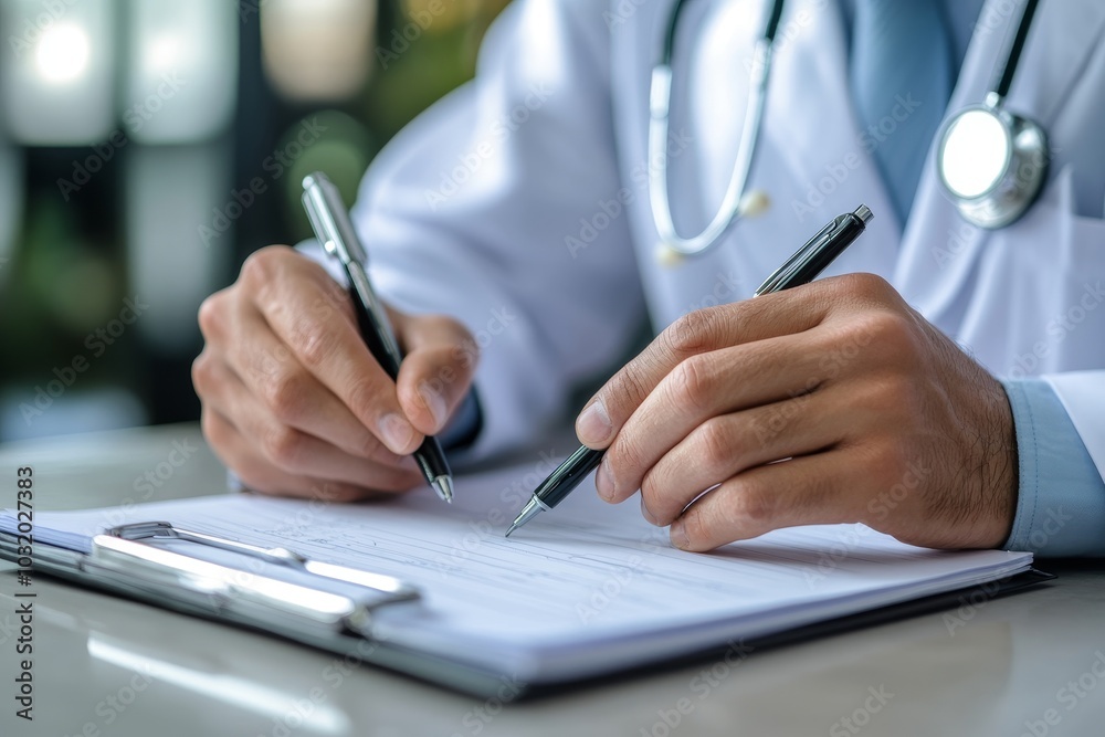 Concentrated male general practitioner physician writing notes in registry book, prescribing disease treatment, involved in paperwork, working in clinic, Generative AI Concentrated male general practitioner physician writing notes in registry book, prescribing disease treatment, involved in paperwork, working in clinic, Generative AI