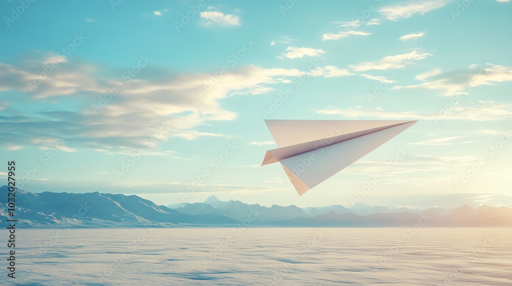 A paper airplane flies over a snowy mountain range and a frozen lake.