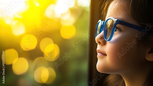 Young child wearing blue glasses focusing on distant tree outside window, symbolizing myopia prevention and importance of outdoor activities.