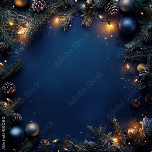 Square Christmas or New Year frame top view, decorative stars, balls and tree branches over blue navy background. Copyspace, place for text