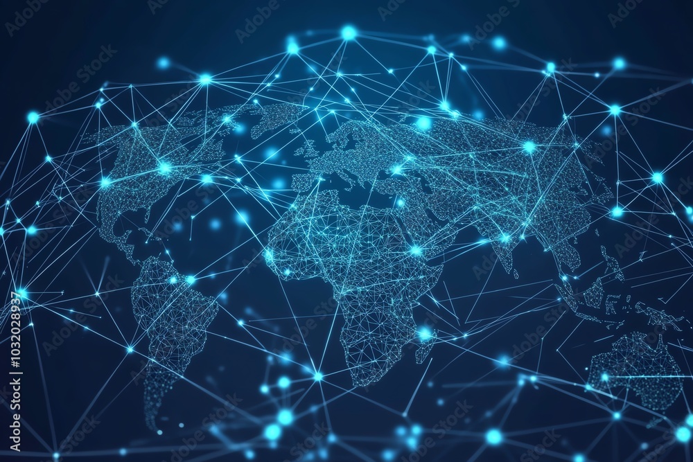 Abstract digital world map network with glowing nodes depicting global connectivity, data exchange, and technology communication. Abstract digital world map network with glowing nodes depicting global connectivity, data exchange, and technology communication.