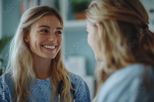 Cheerful male doctor listening to baby heart during young lady appointment in hospital, female patient visiting her gynecologist in clinic, Generative AI