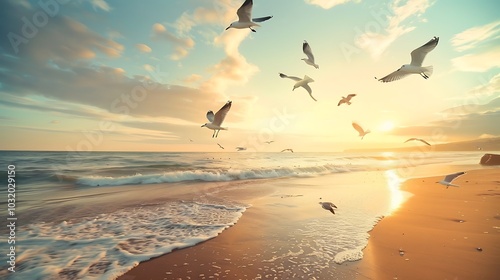 Flock of seagulls soaring high above a Sandy beach at sunrise.