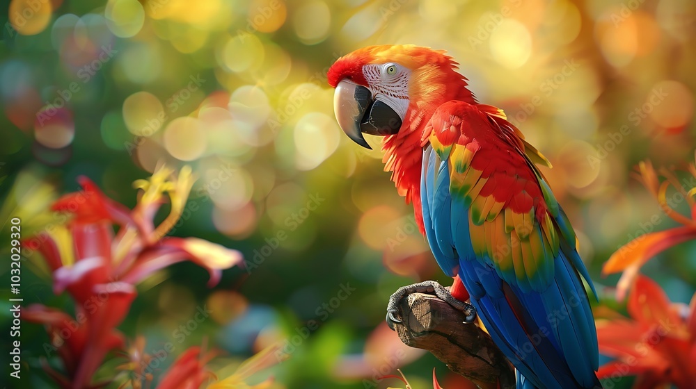 Colorful parrots perched on a branch with tropical flowers in the background. Colorful parrots perched on a branch with tropical flowers in the background.