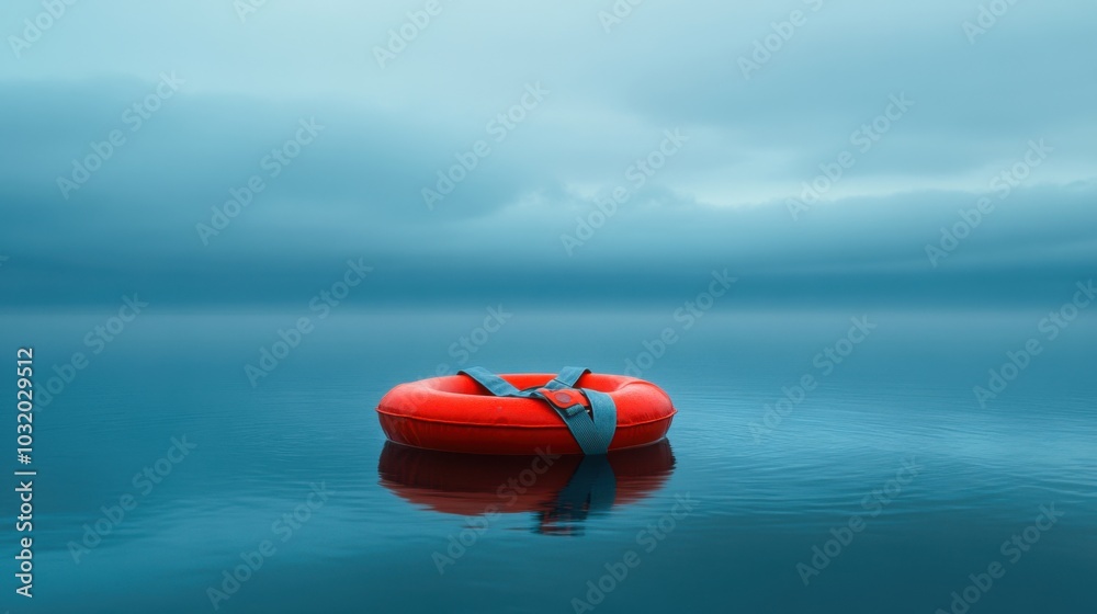 Red lifebuoy floating on calm ocean water under cloudy sky at dawn Red lifebuoy floating on calm ocean water under cloudy sky at dawn