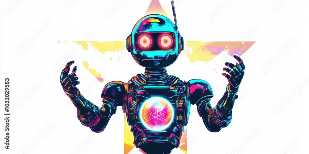 A neon robot with glowing eyes and hands. A neon robot with glowing eyes and hands.