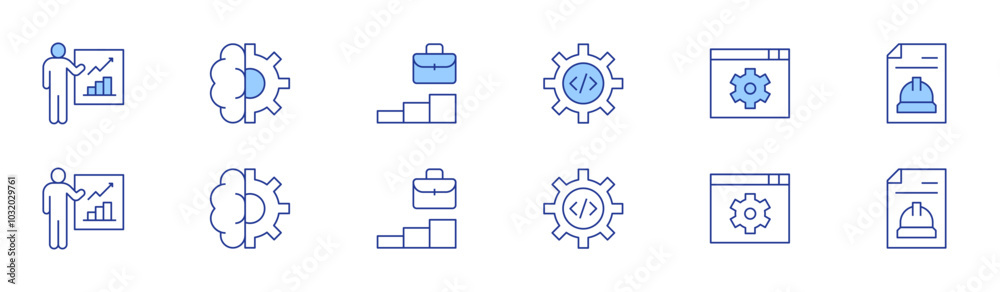Work icon set in two styles, Duotone and Thin Line style. Editable stroke. settings, work in progress, work, report, working Work icon set in two styles, Duotone and Thin Line style. Editable stroke. settings, work in progress, work, report, working