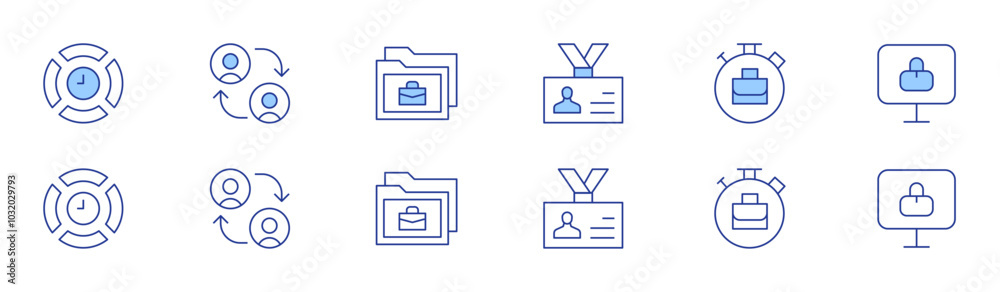 Work icon set in two styles, Duotone and Thin Line style. Editable stroke. time management, id card, collaborate, telecommuting, work, remote working Work icon set in two styles, Duotone and Thin Line style. Editable stroke. time management, id card, collaborate, telecommuting, work, remote working